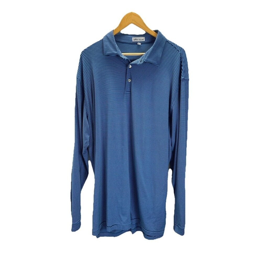Peter Millar Mens XXL Long Sleeve Golf Performance Polo Shirt Blue Black‎
